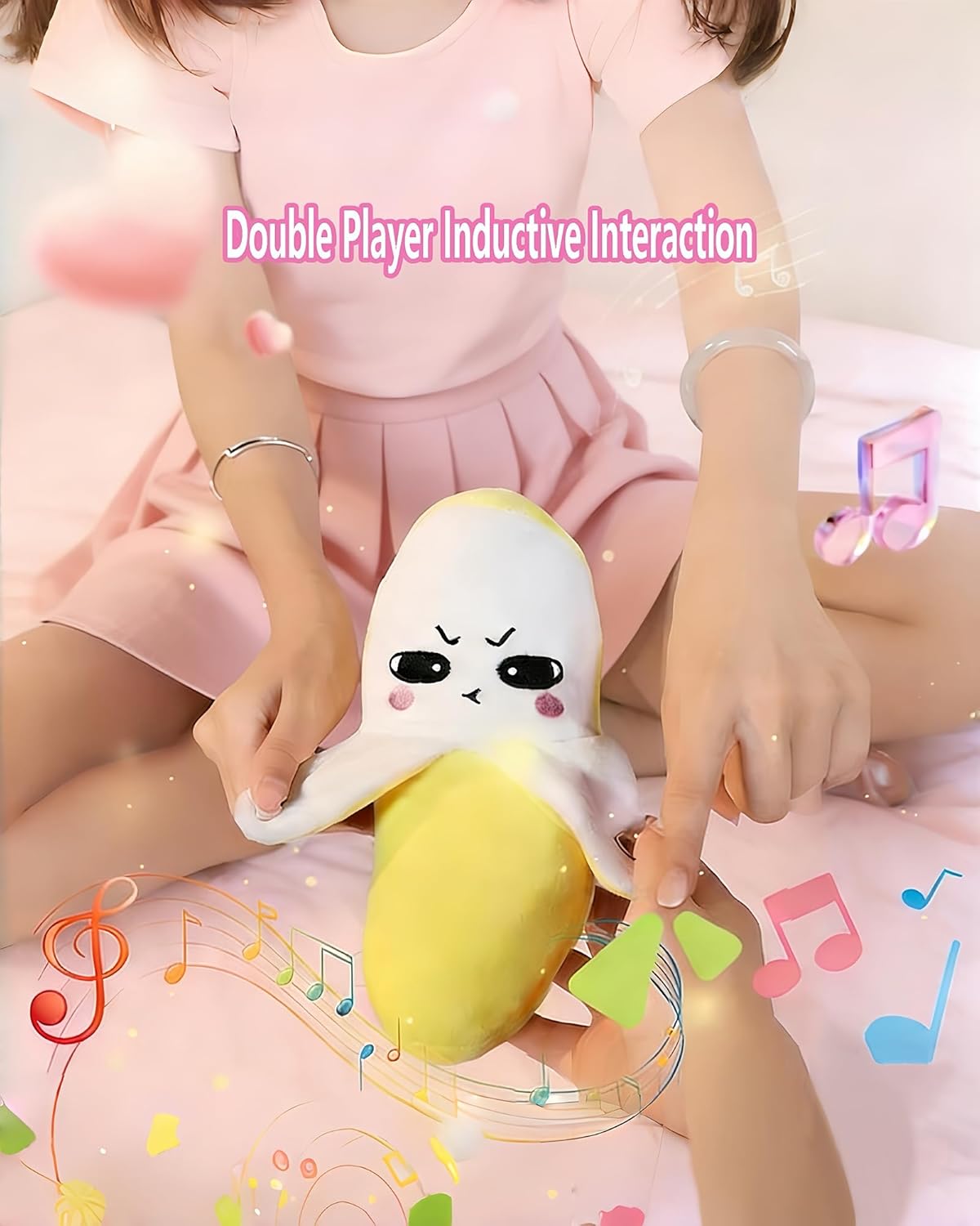 Two kids playing with the plush